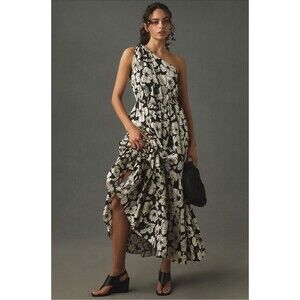 English Factory Anthropologie Maxi Dress Black One Shoulder Vacay Boho Large NWT